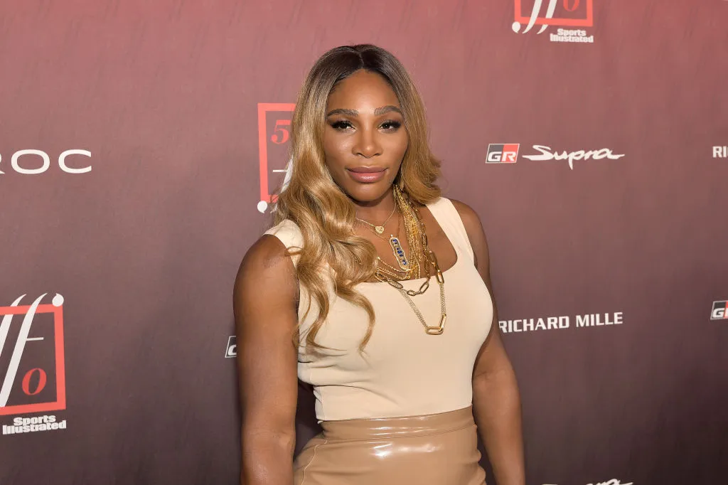Serena wears a beige outfit to a Sports Illustrated event.