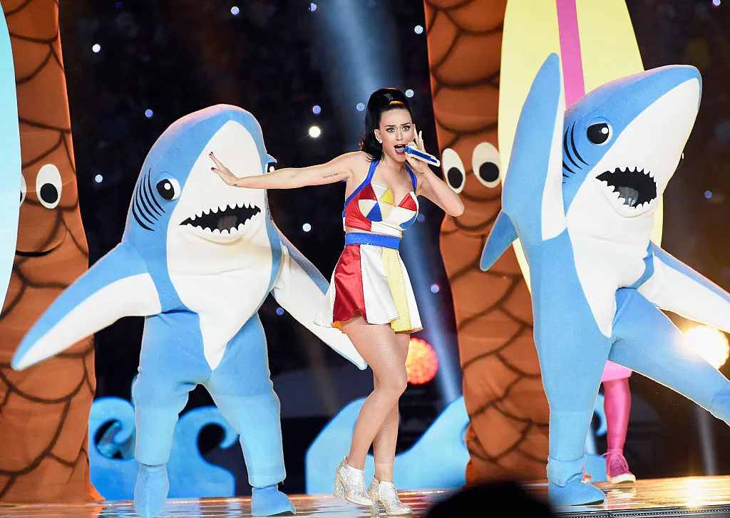 Katy Perry performs in front of two dancing sharks at the Super Bowl.