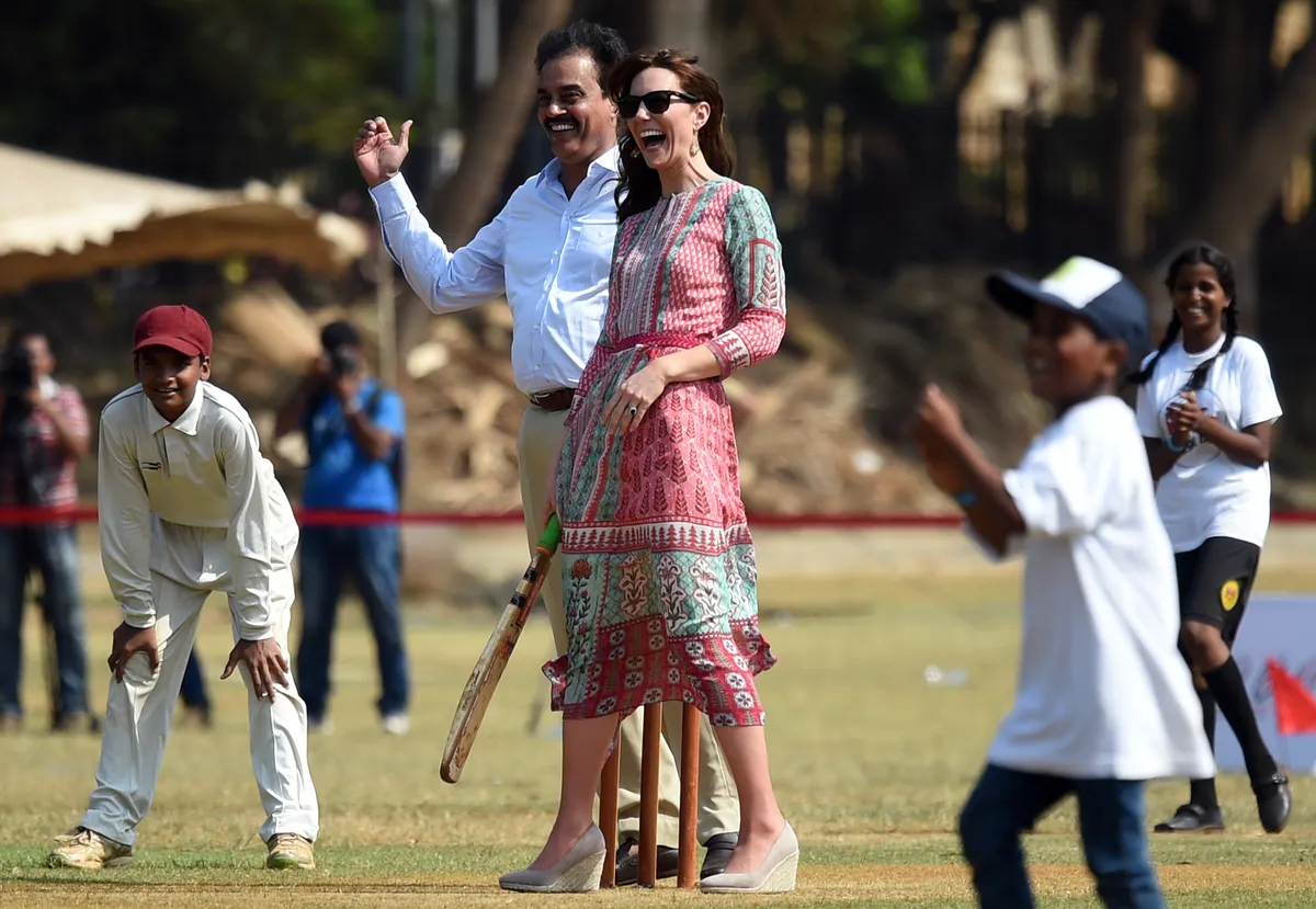 Kate Middleton plays cricket with former champion Dilip Vengsarkar.