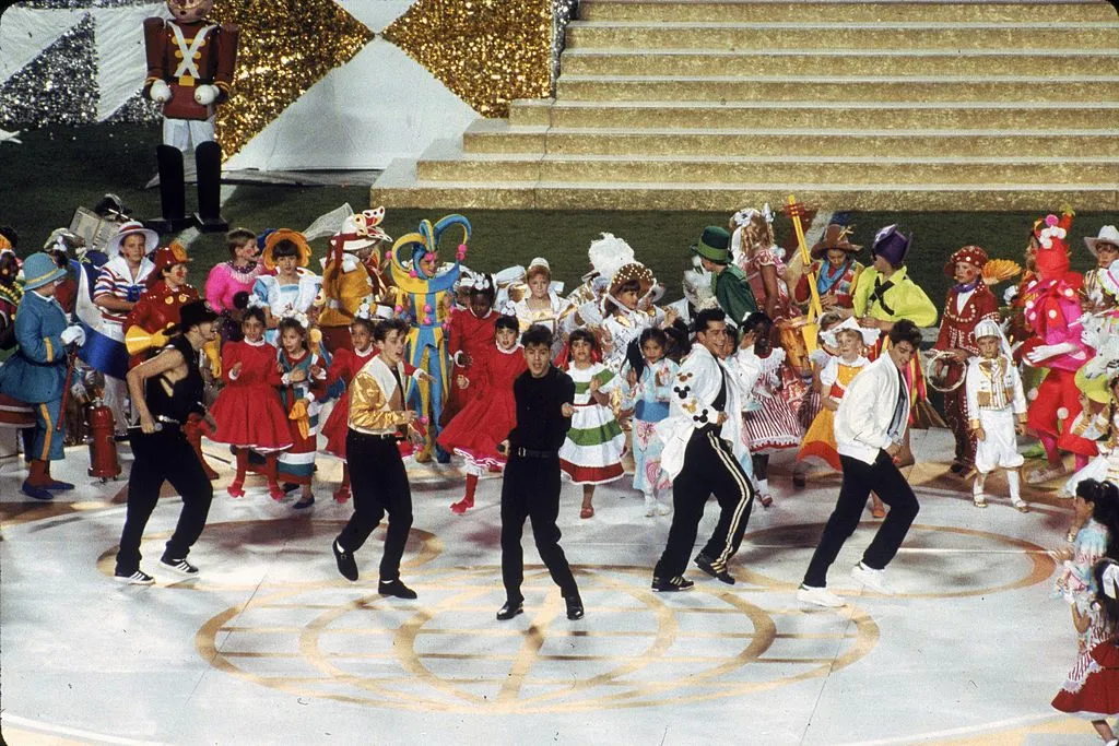 The New Kids On The Block perform during the 1991 Super Bowl.