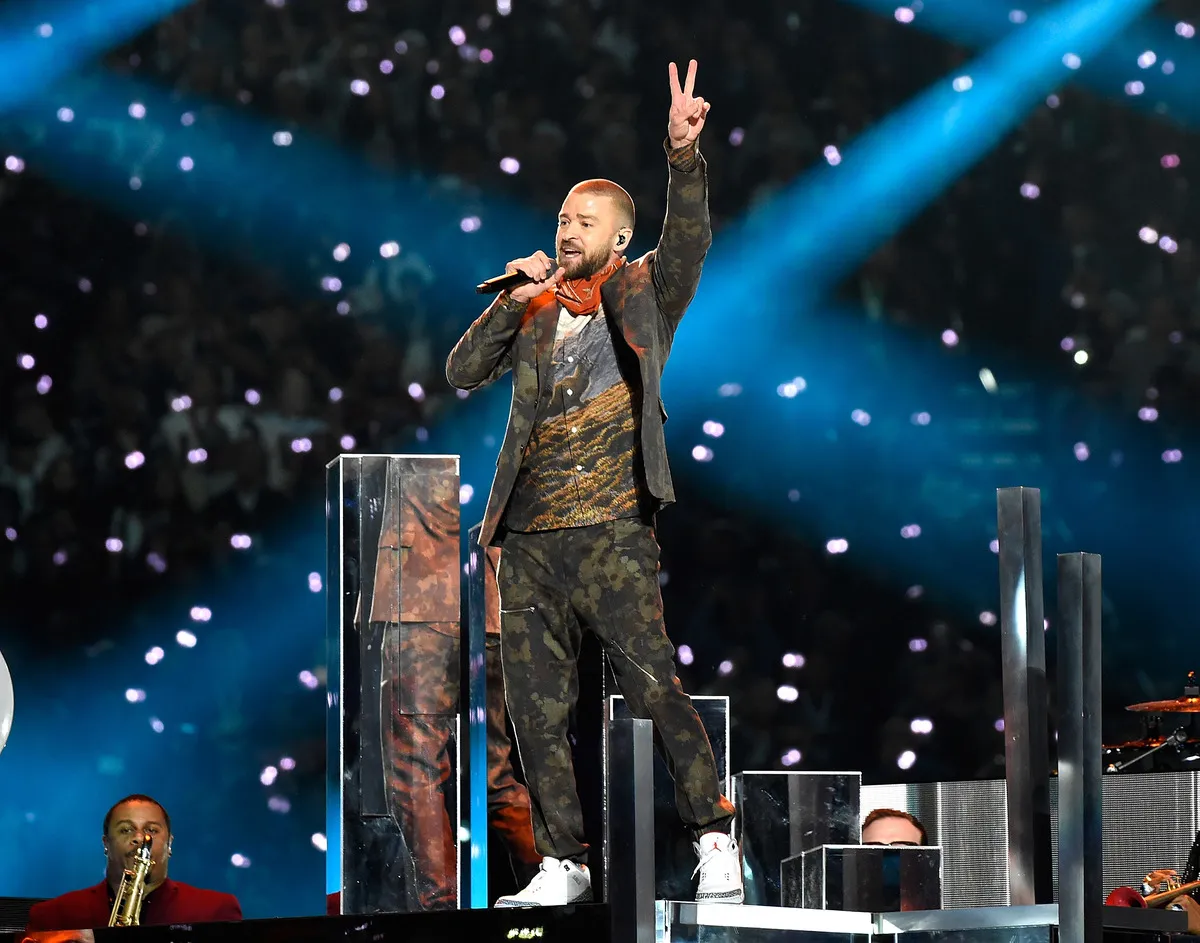 Recording artist Justin Timberlake performs onstage during the Super Bowl LII Halftime Show.