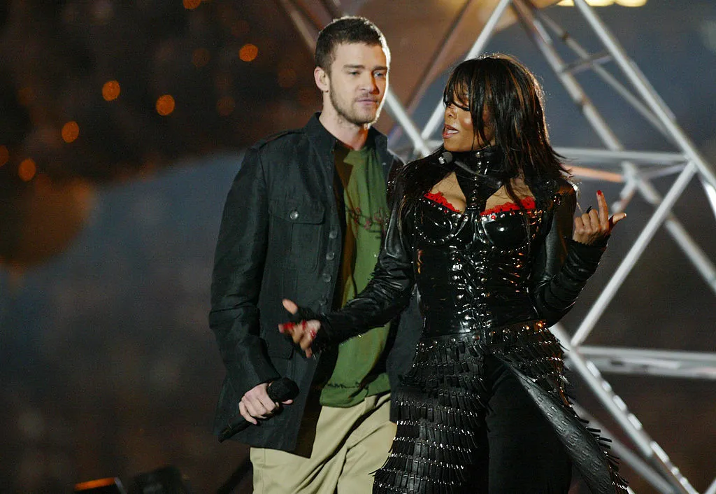 Justin Timberlake and Janet Jackson perform together during the Super Bowl.