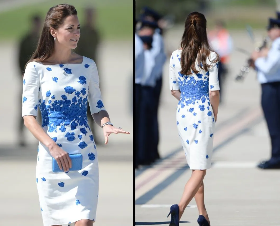 Two views show Kate Middleton's dress as she visits the Australian Air Force Base.