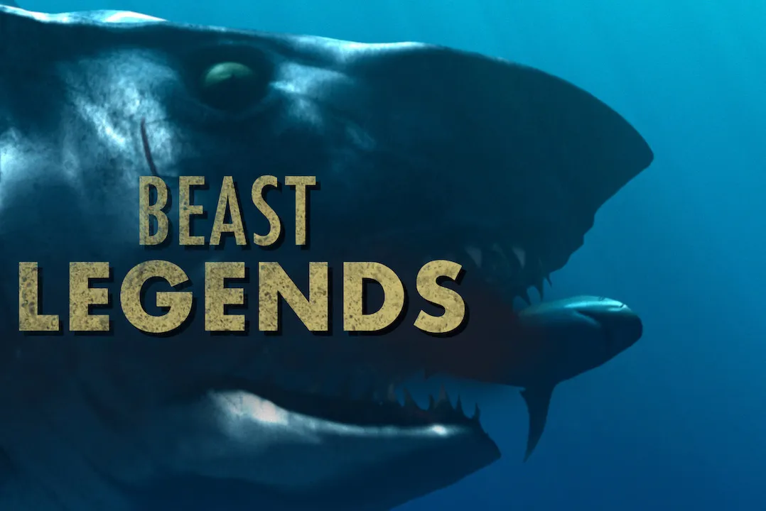 A giant shark is shone as the title screen for the show Beast Legends.