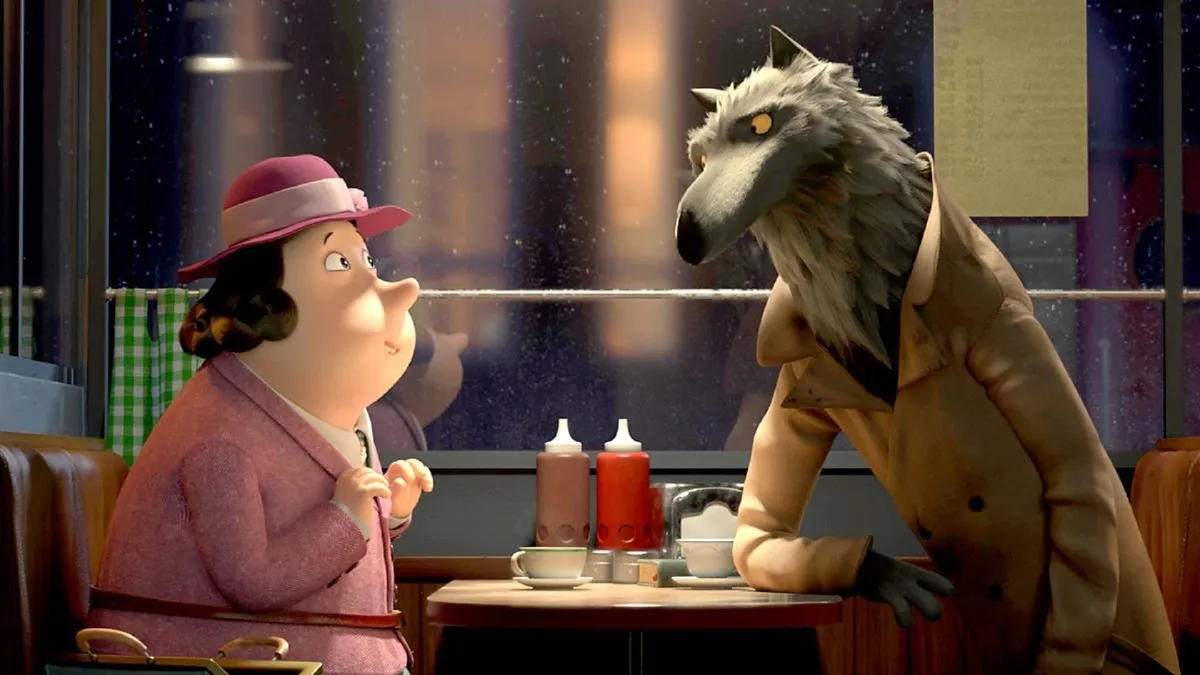 A screenshot from Revolting Rhymes shows a woman talking to a wolf at a restaurant. 