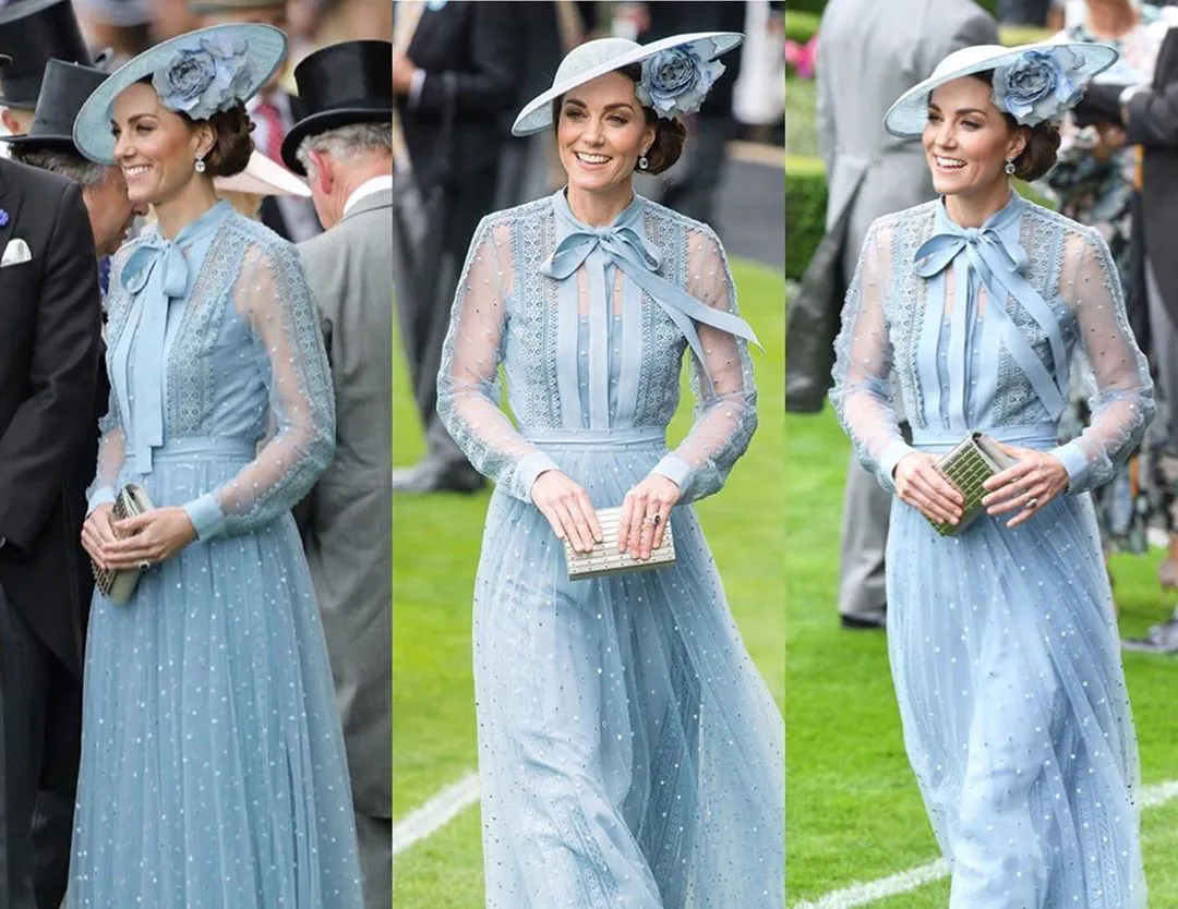 Three views of Kate Middleton show off her gown at the Royal Ascot.