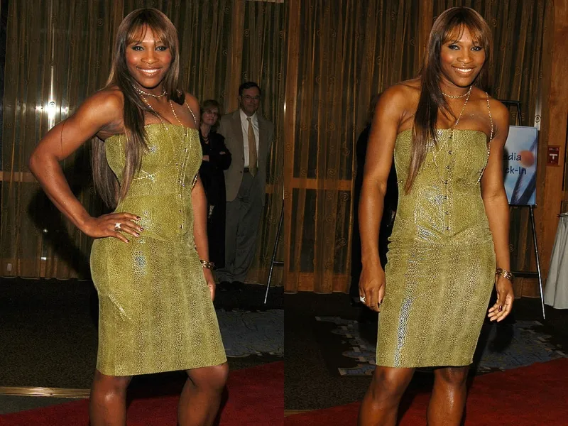 Serena Williams wears a yellow dress and long, straight hair while posing for photos at an event.
