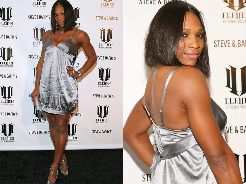 Serena poses at an event wearing a short, silver dress.