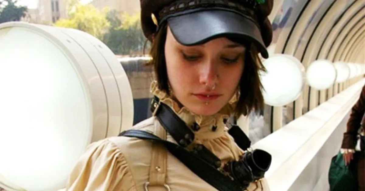 a woman dressed in steampunk clothing and a pair of goggles