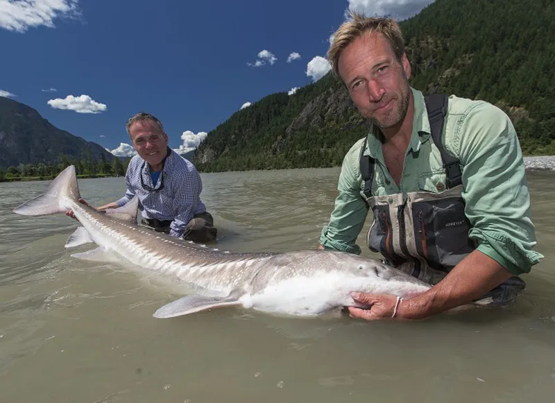 Fishermen show off the giant fish they caught in a river.