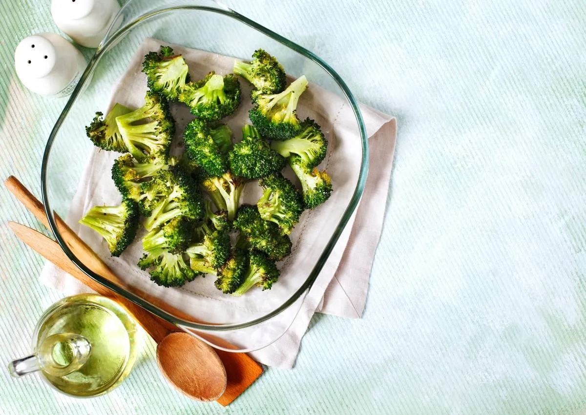 A top view shows baked broccoli in a pan.