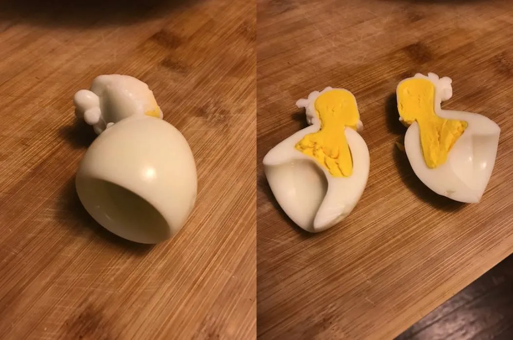 halved boiled egg looks like chicken