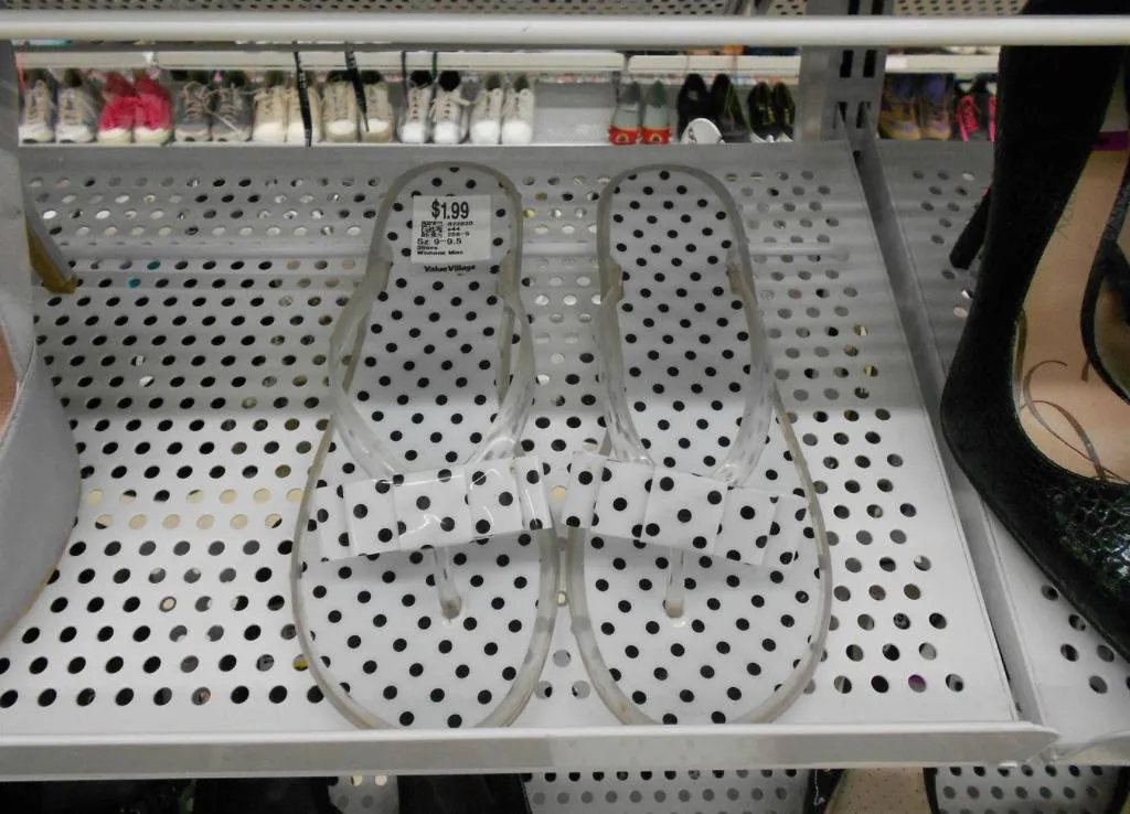 polkadot shoes blend in with shelf