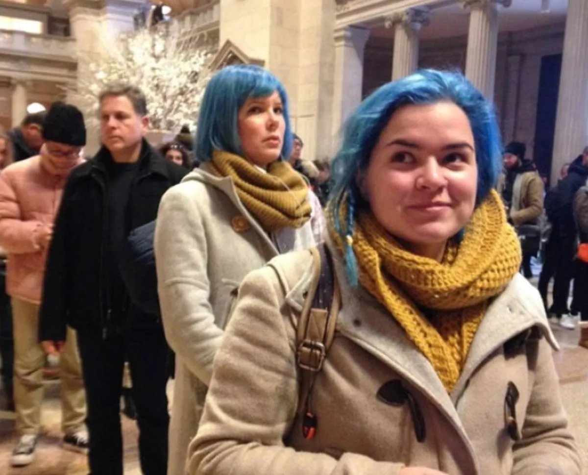 two girls with blue hair, a yellow scarf, and a beige coat coincidentally next to each other in public