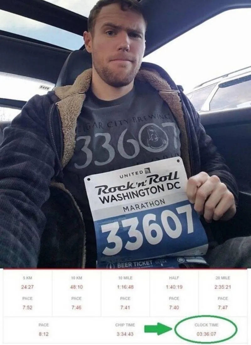 Man's tshirt, race ticket number, and run time are all 33607 (3:36:07)