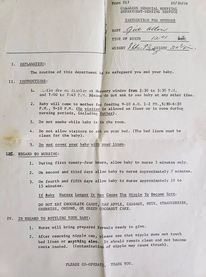 hospital form from 1968 outlining childcare instructions for new mothers