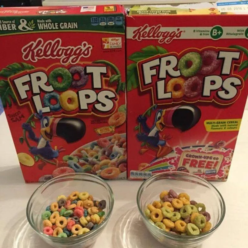 The different colors of Fruit Loops from different countries 