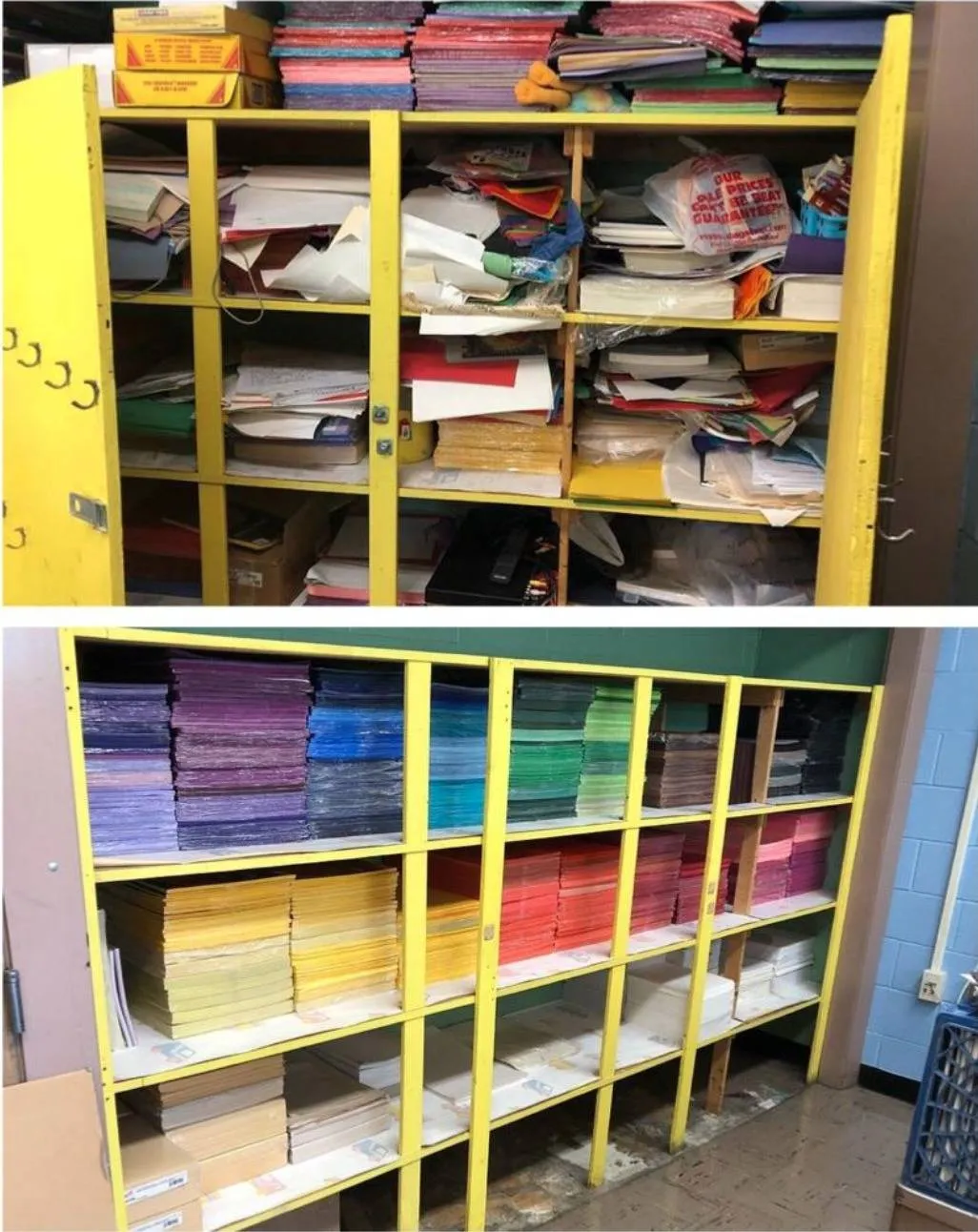 paper art supply closet reorganized into perfectly color-coded stacks