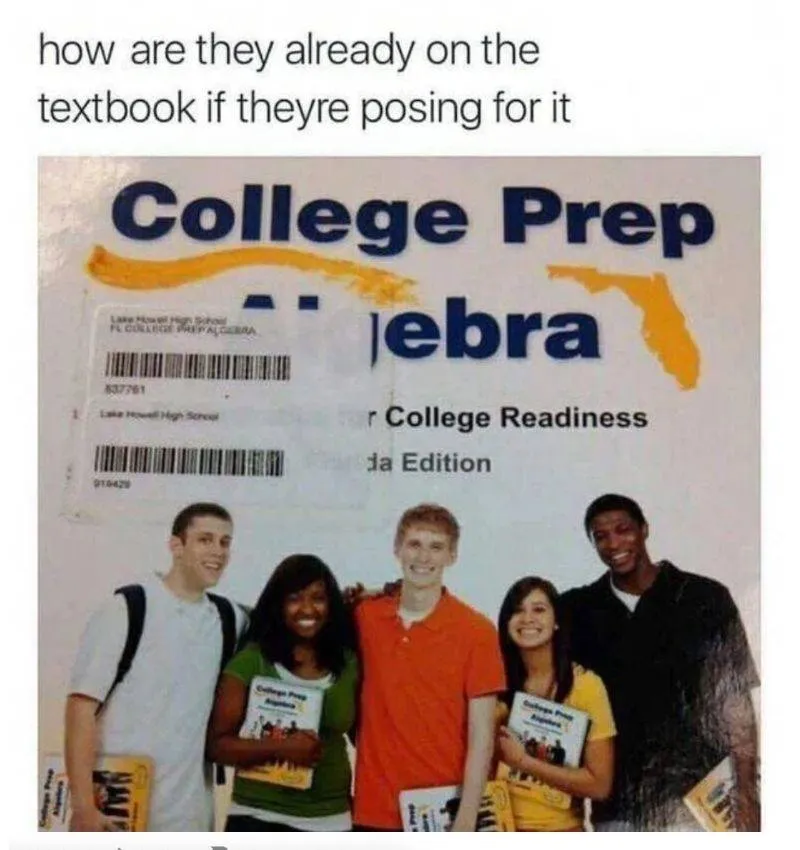 people posing on textbook cover are holding versions of the textbook with them already on it in the same pose