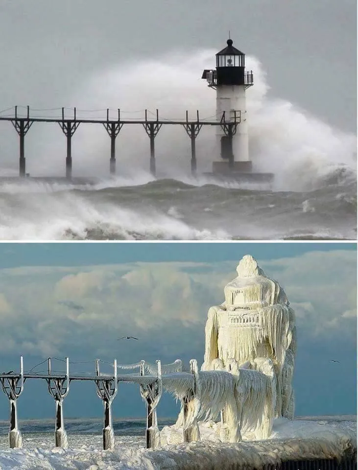 lighthouse normally vs. covered in snow and ice