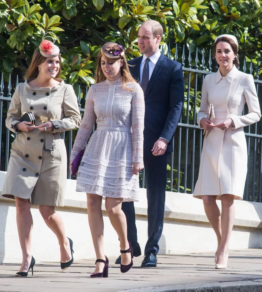 Catherine, Duchess of Cambridge (R) Prince William, Duke of Cambridge, Princess Beatrice of York (2L) and Princess Eugenie of York