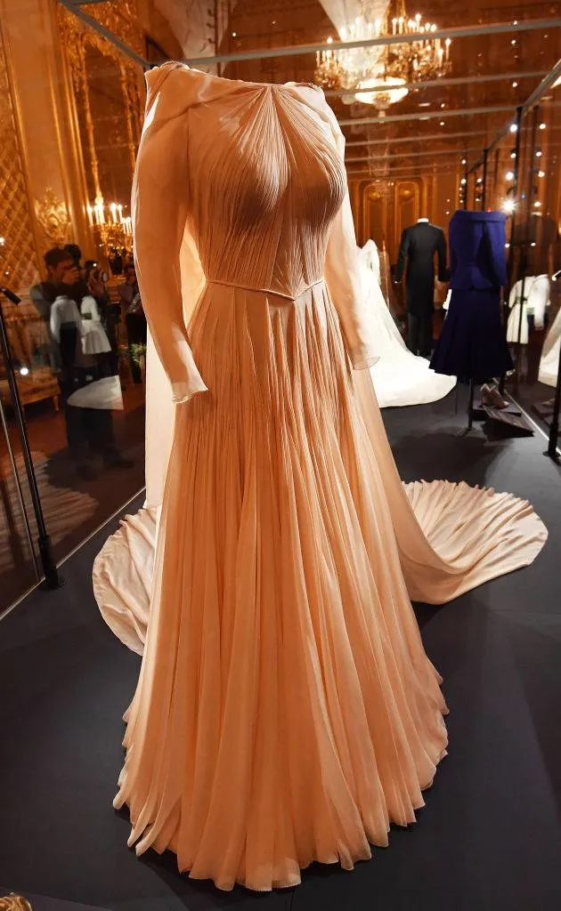 The evening reception dress worn by Princess Eugenie during her wedding to Mr Jack Brooksbank on display at Windsor Castle.