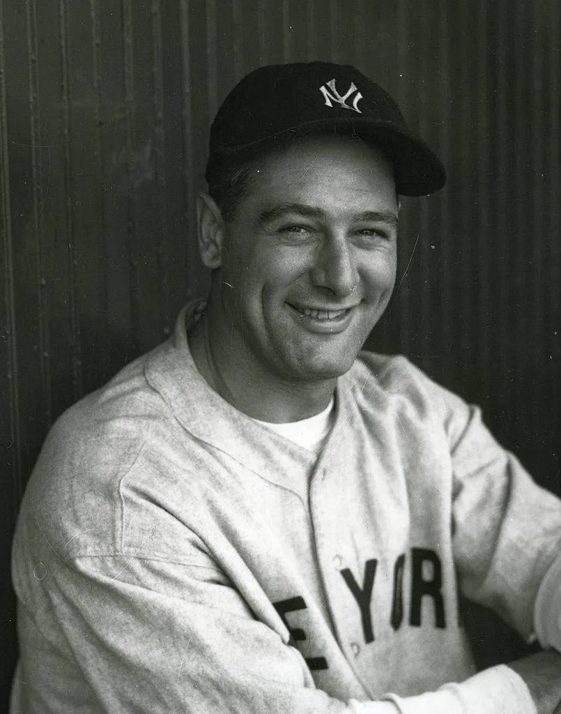 Lou Gehrig, first baseman for the New York Yankees, poses for a portrait in the dugout