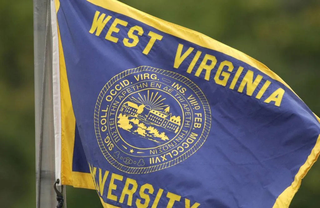 General view of the flag on the campus of the West Virginia University Mountaineers 