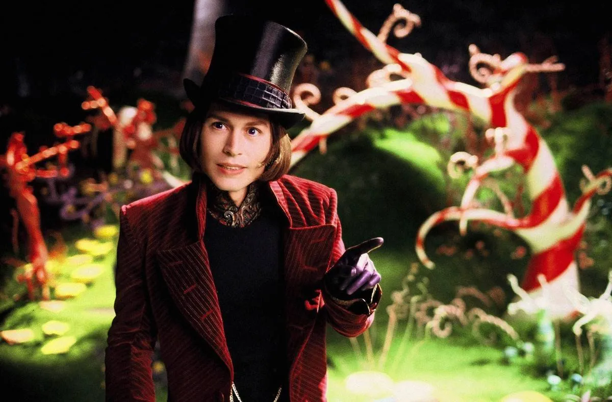 Johnny Depp dressed as Willy Wonka in charlie and the chocolate factory
