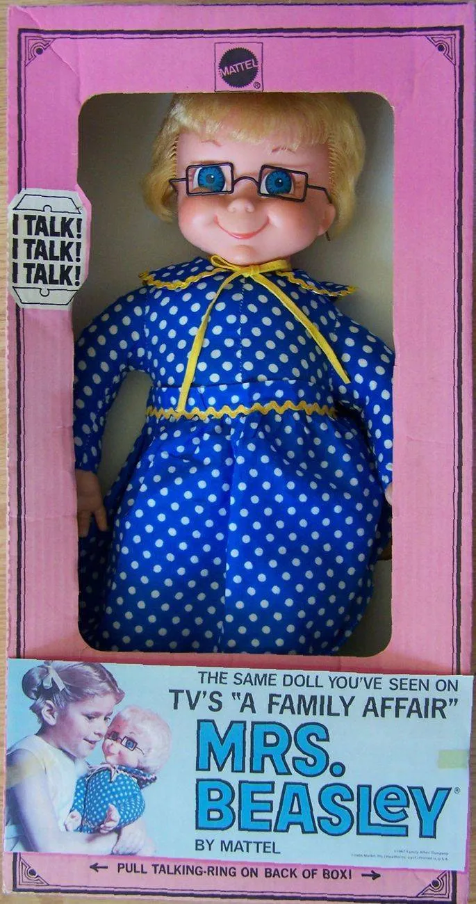 A talking Mrs. Beasley doll is sold in her packaging.