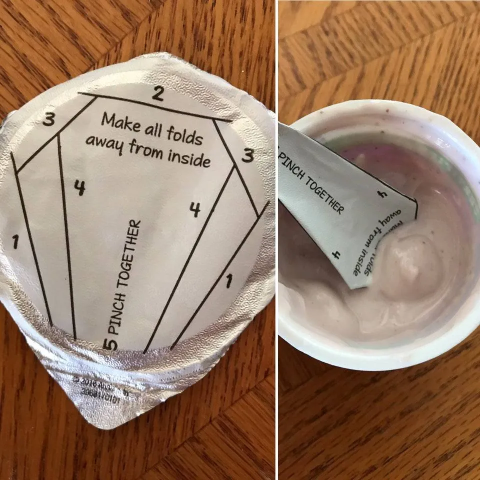 yogurt lid with instructions to turn into a spoon
