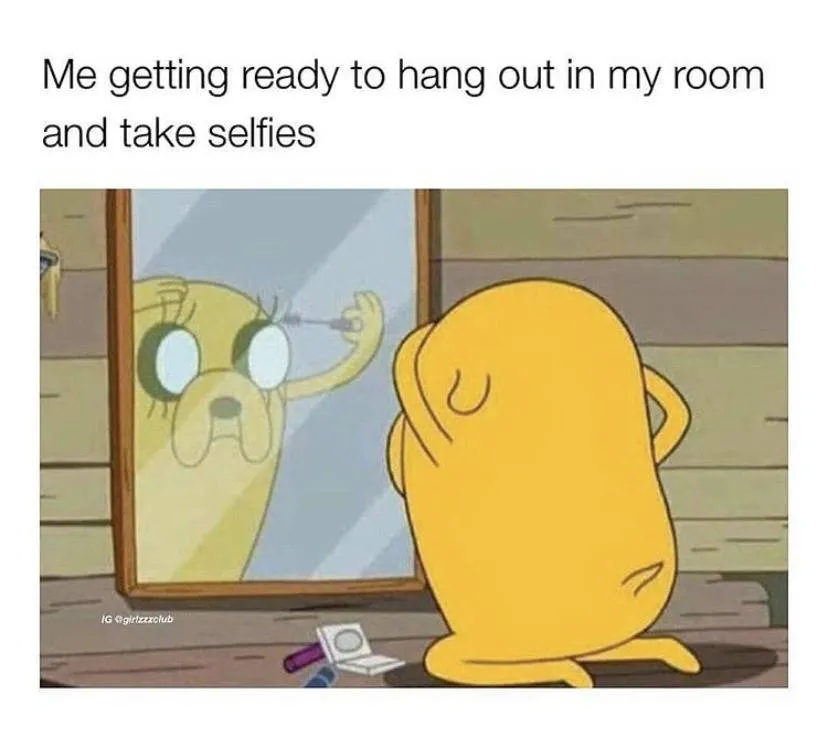 cartoon of someone doing their makeup with caption: getting ready to hangout in my room and take selfies