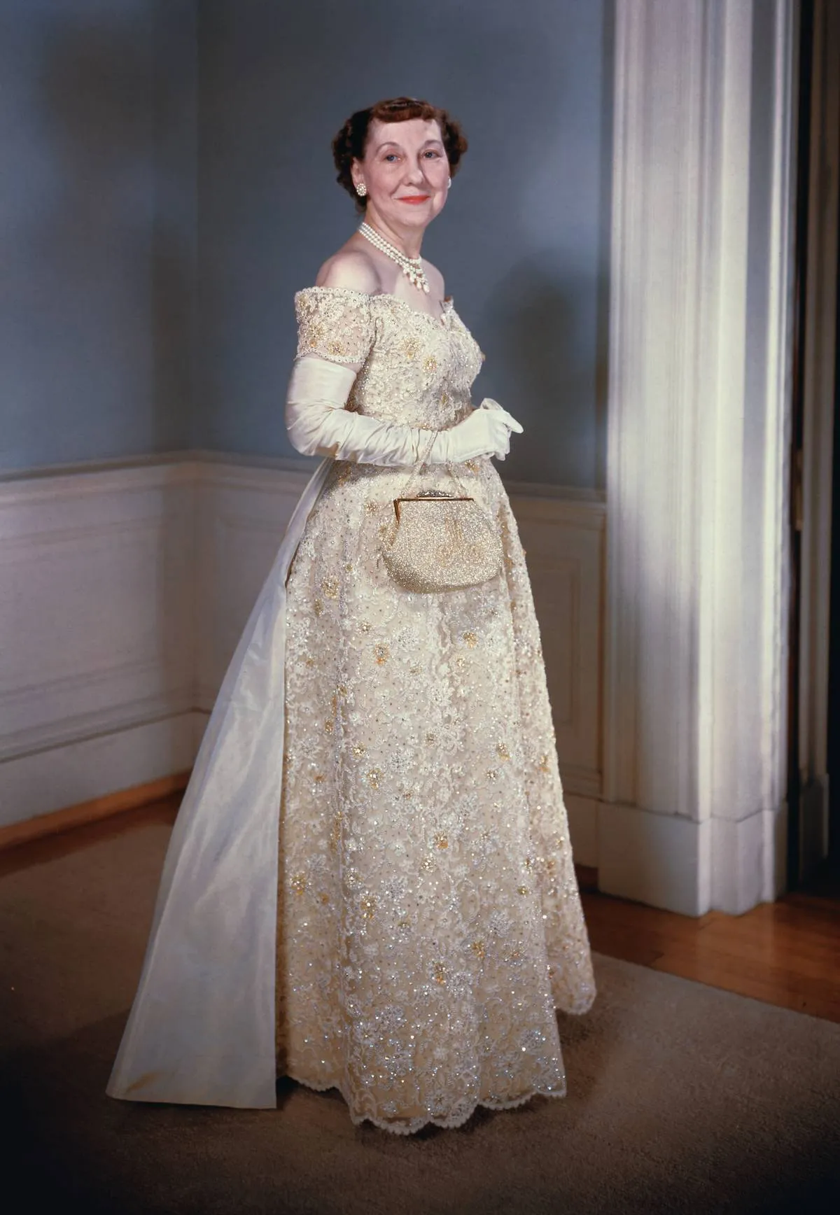 Mamie Eisenhower poses in her 1957 inaugural gown.