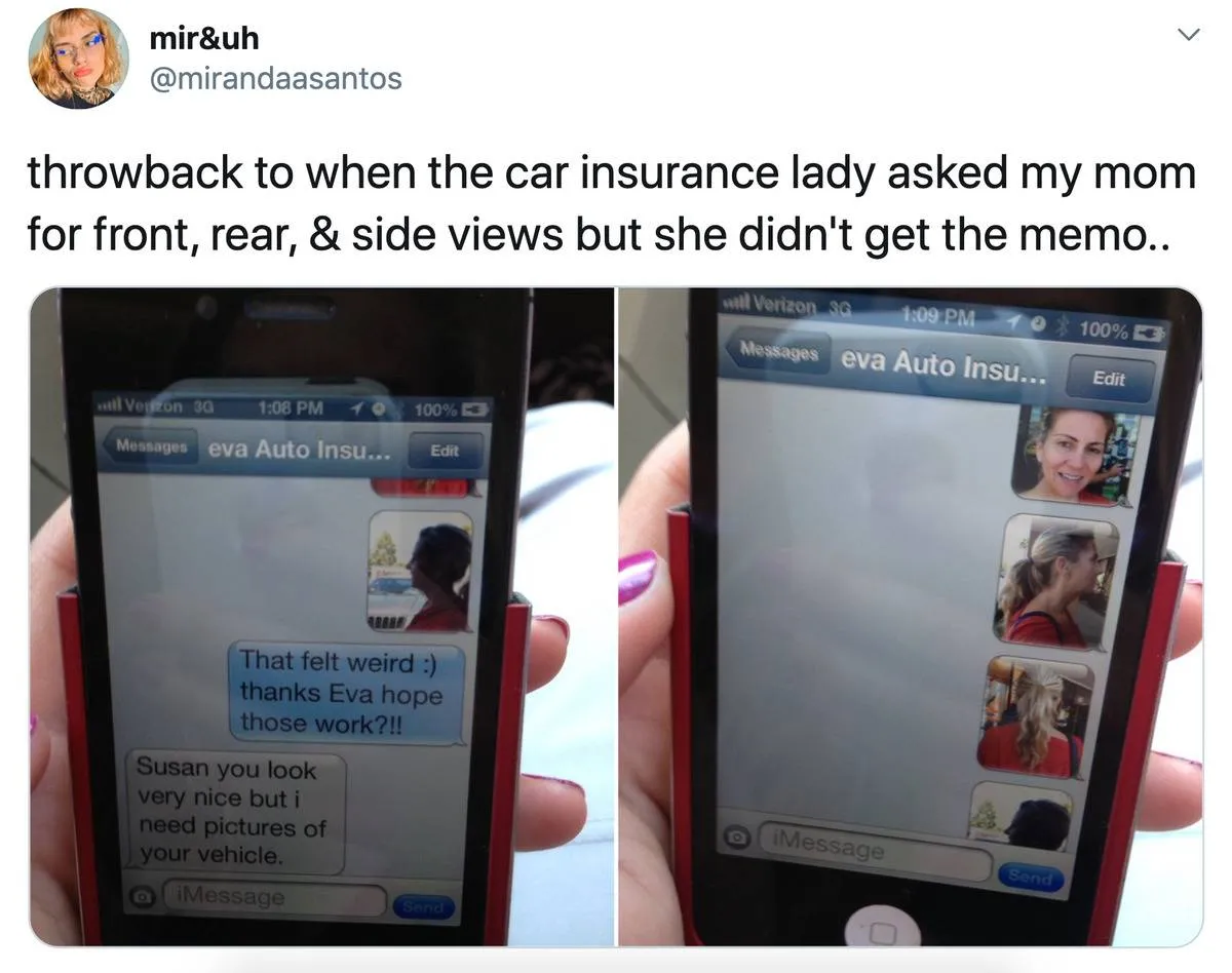 someone sent pictures of themselves instead of the car to an insurance person