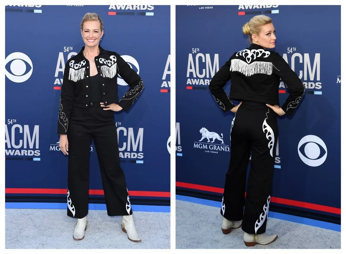 Beth Behrs wears a gaucho-inspired outfit to the ACM Awards.
