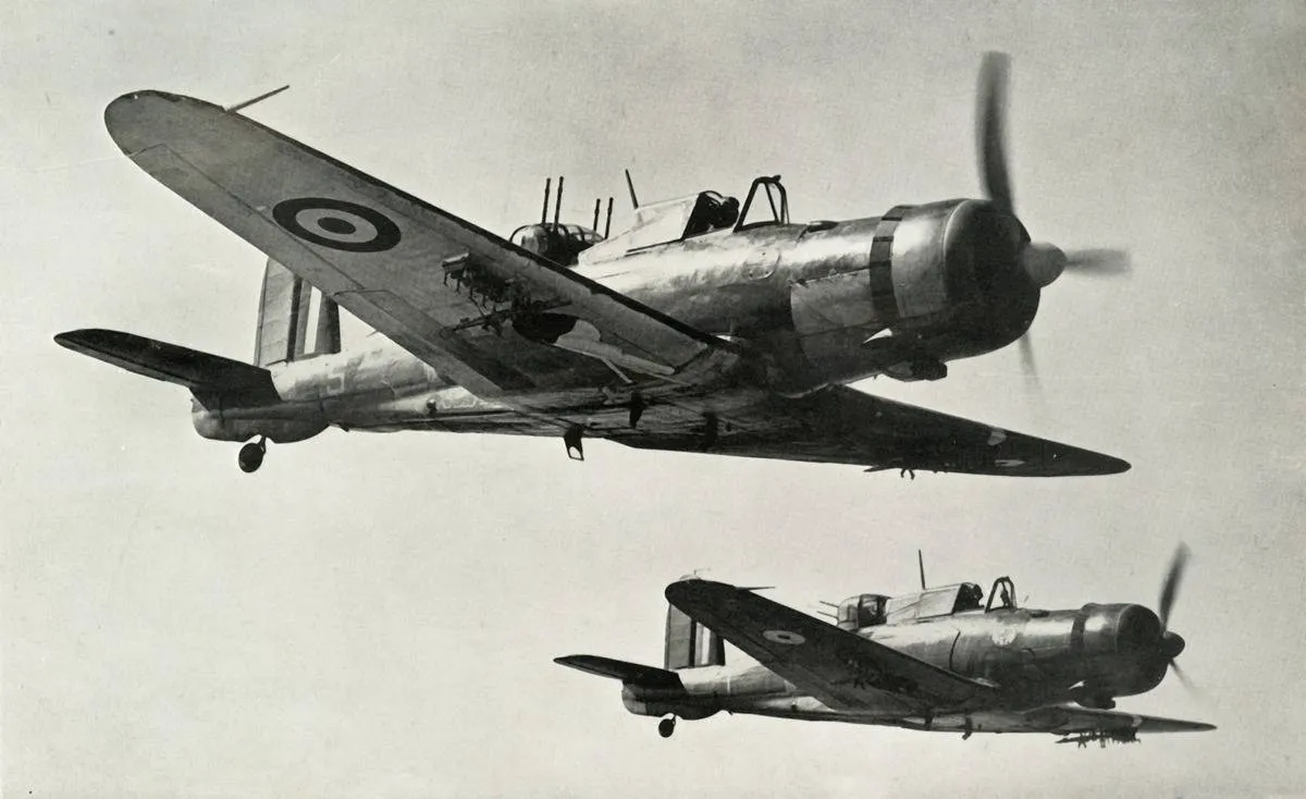 Two Blackburn B-25 Rocs fly through the air.