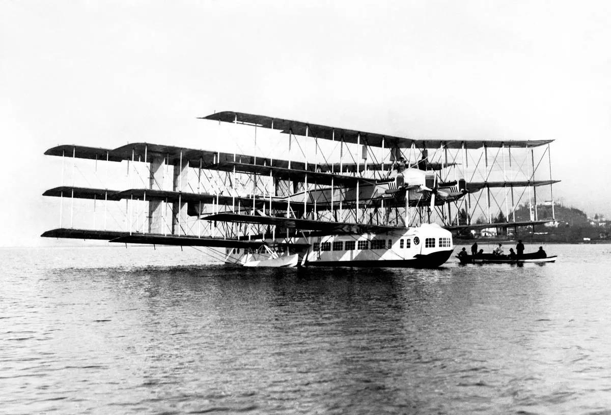 Caproni Ca.60 noviplano is a nine-wing flying boat floating on the water.