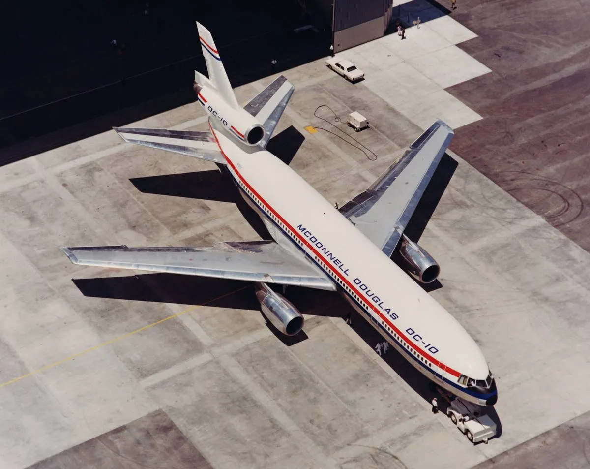 The Douglas DC-10 is seen from above in 1970.