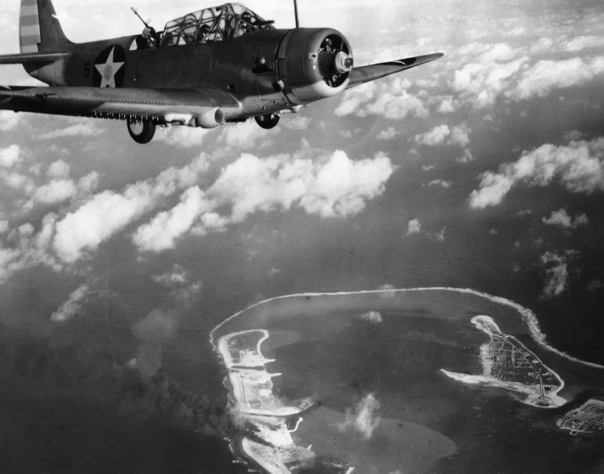 A Douglas TBD Devastator flies over a Japanese island.