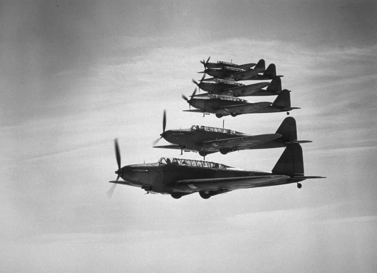 Fairey Battle bombers fly in formation.