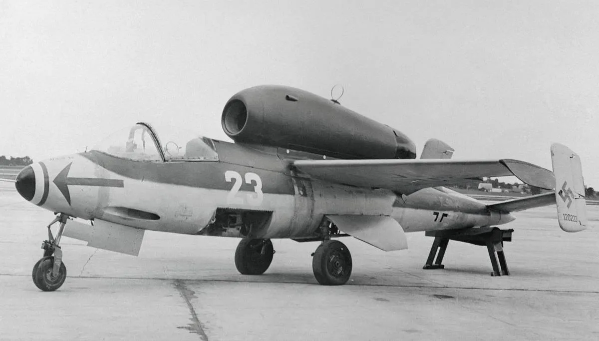 The Heinkel He 162 is parked.