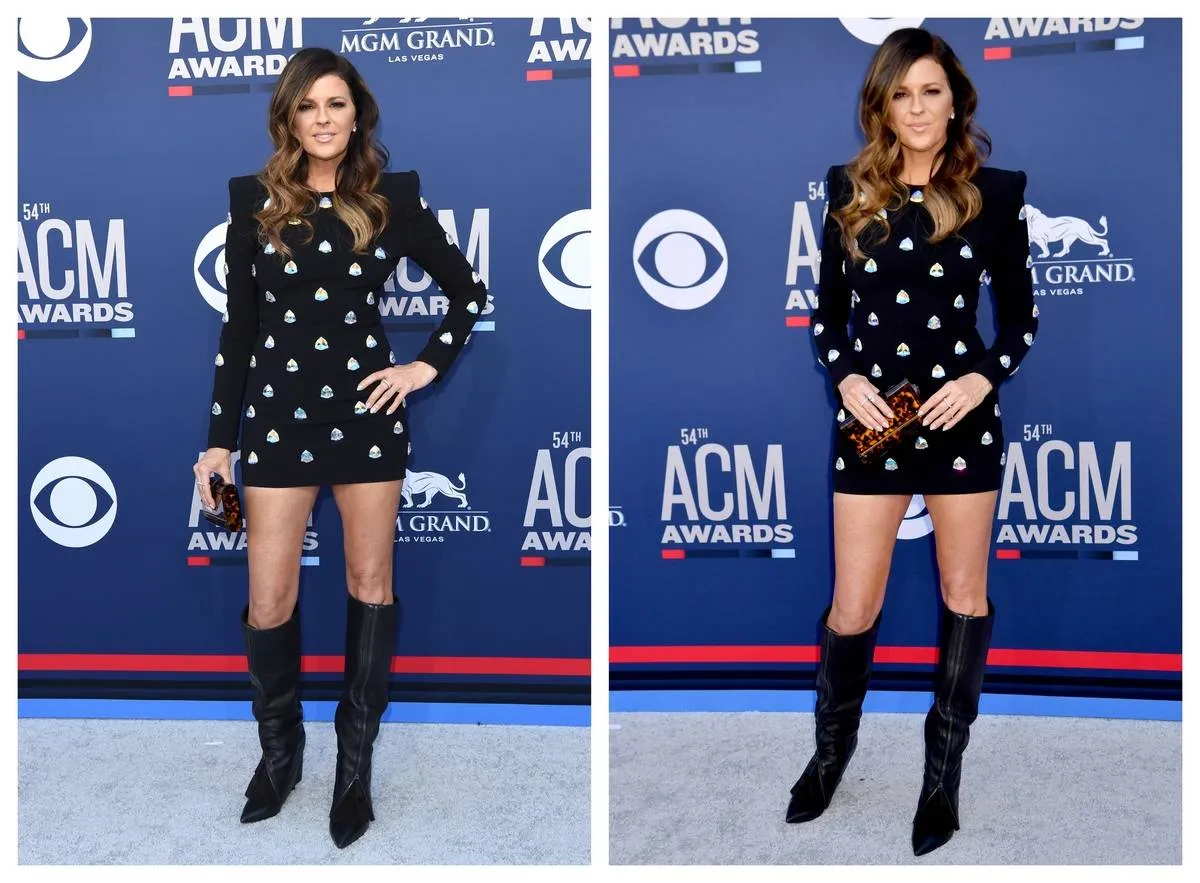 Karen Fairchild shows off her outfit at the ACM 2019 red carpet.