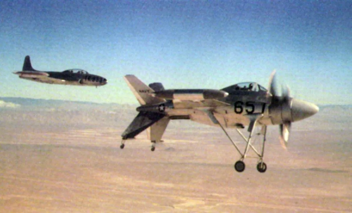 The Lockheed XFV-1 Salmon flies.