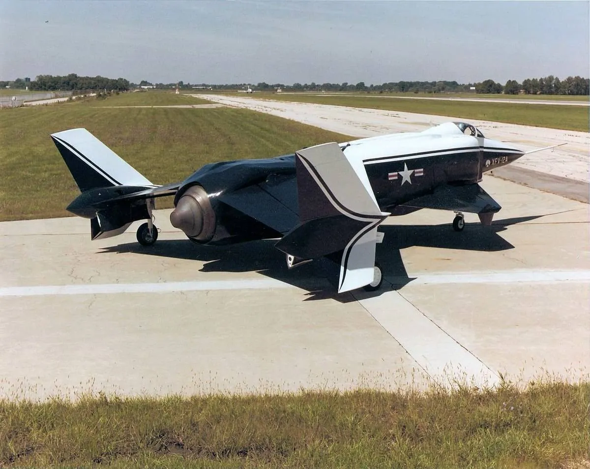The Rockwell XFV-12 is seen on a runway.
