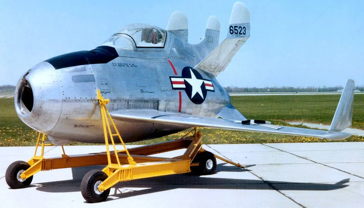 The McDonnell XF-85 Goblin is on the ground.
