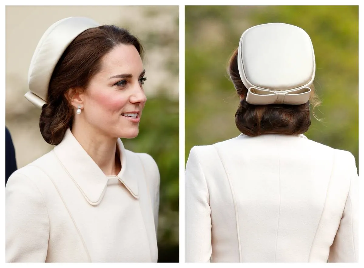 Kate Middleton wears a pillbox hat with a bow on the back during Easter Sunday service in 2017.