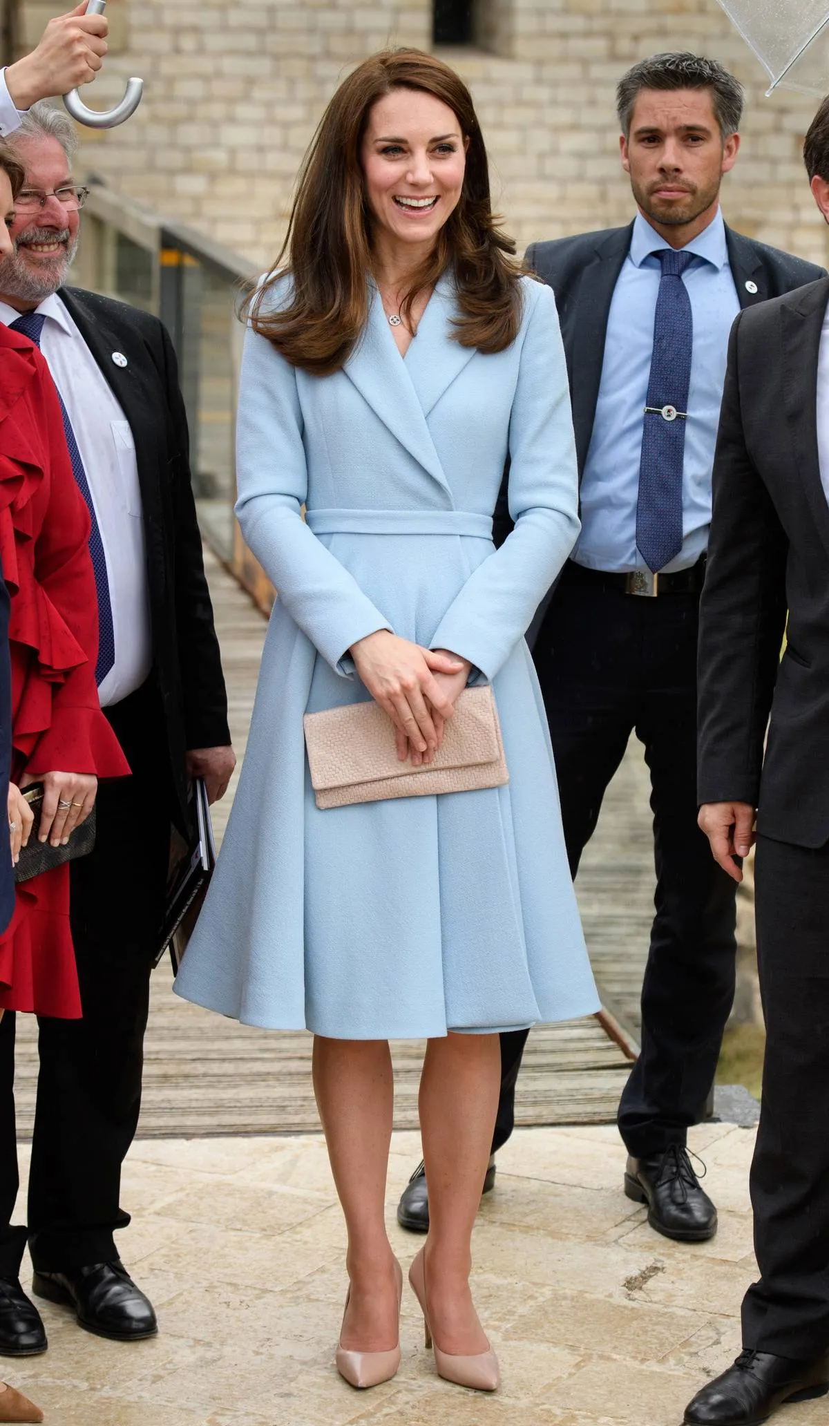 The Duchess Of Cambridge wears a baby blue dress to a museum visit.