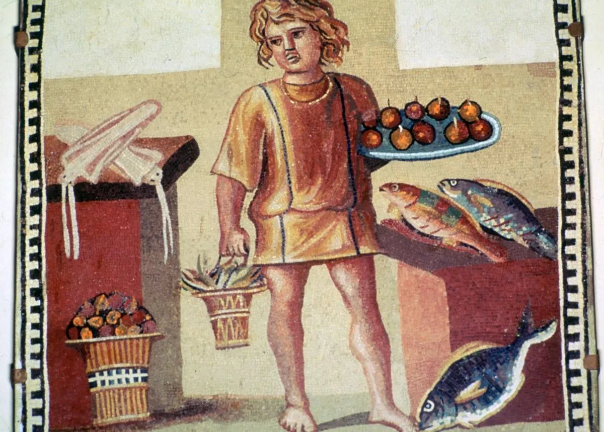 Roman mosaic of a slave boy in a kitchen.