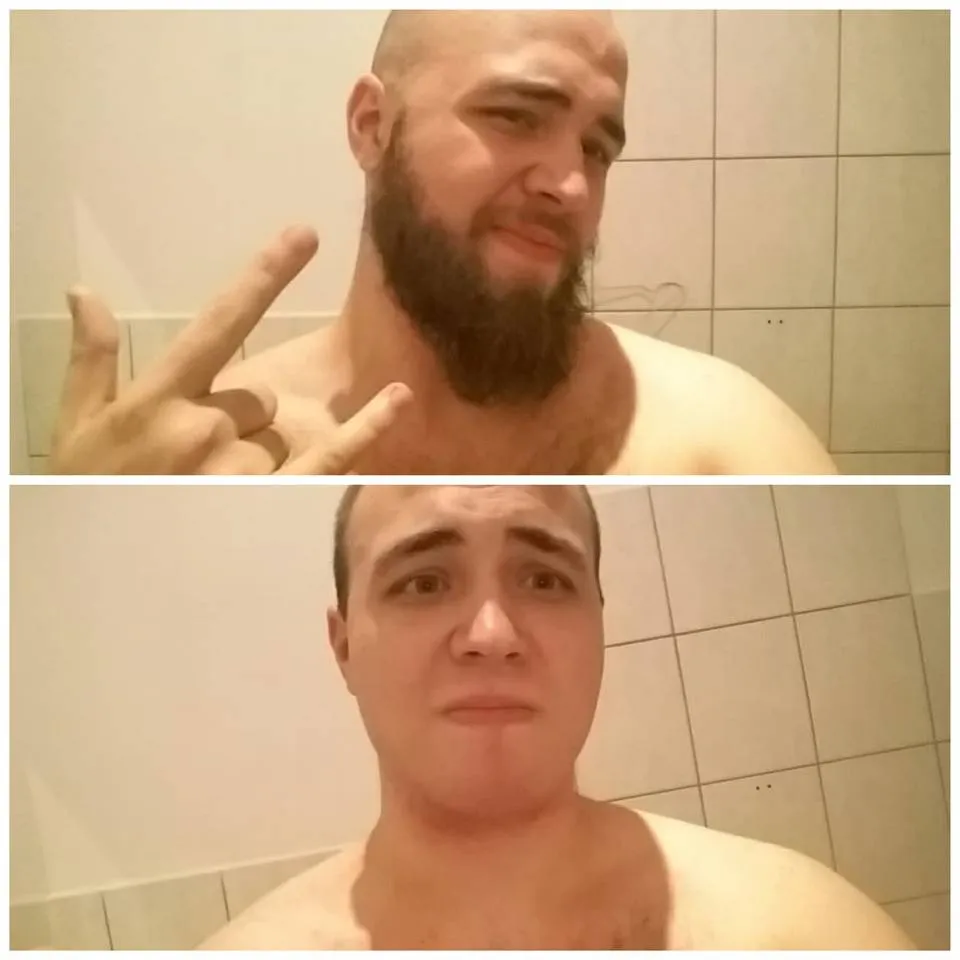 a guy looking excited to shave his beard in one picture and really sad in the picture with no beard 