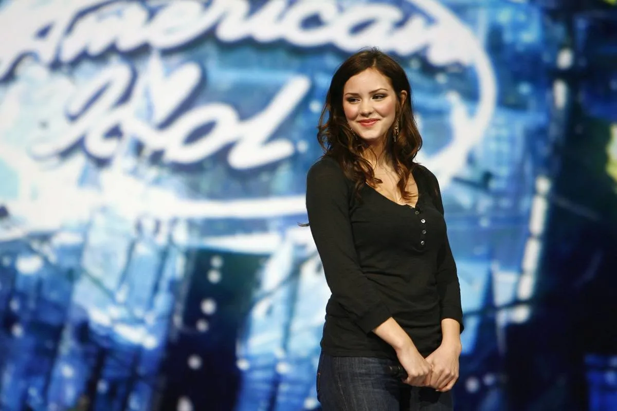 Katharine McPhee stands on the American Idol stage as a finalist.